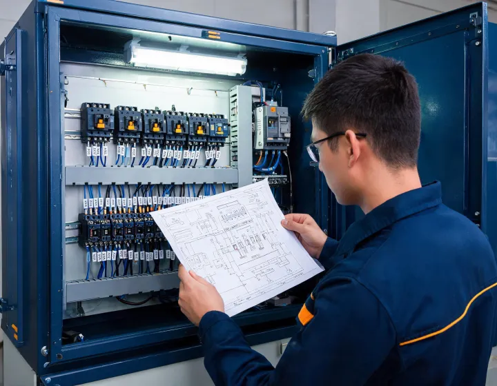 Technician checking Finder relay modules in a control cabinet