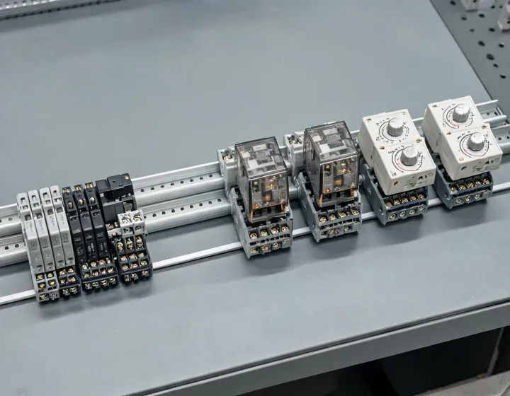 Assorted industrial relays on DIN rail