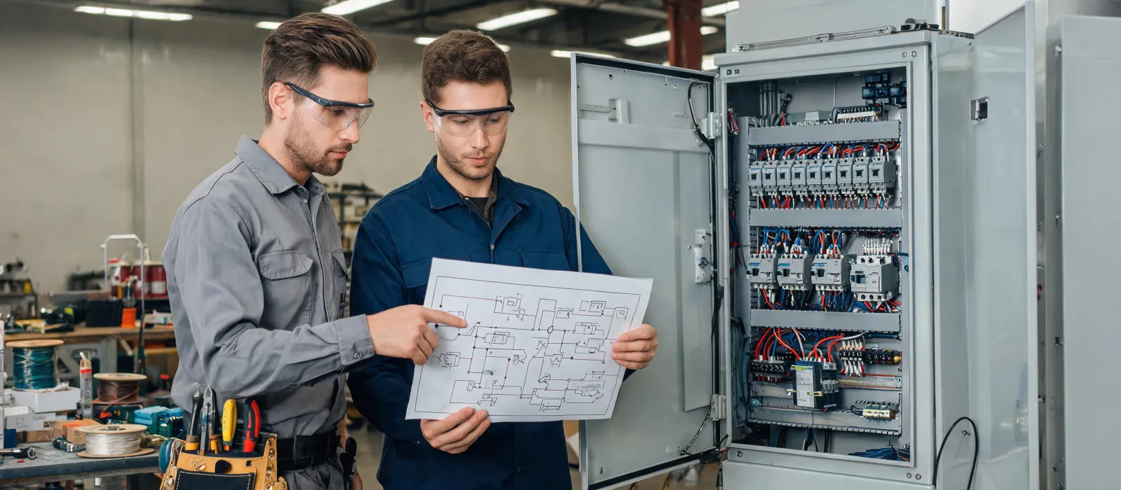 Panel builder reviewing relay wiring plan